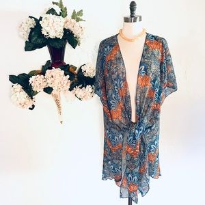 Sheer Front Tie-Shawl / Poncho Blue One Size 1037